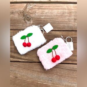 New Pair of Cherry 🍒 Fuzzy Coin Purses Barbie Pink & White
